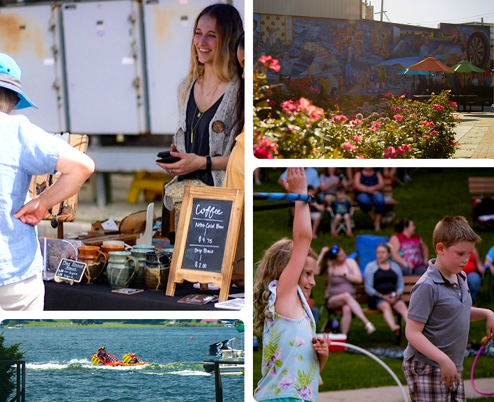 Collage of a local artisan booth, blooming flower beds, and kids playing at a downtown La Porte event