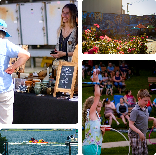 Collage of an artisan vendor booth, flower gardens, and families at downtown La Porte community events