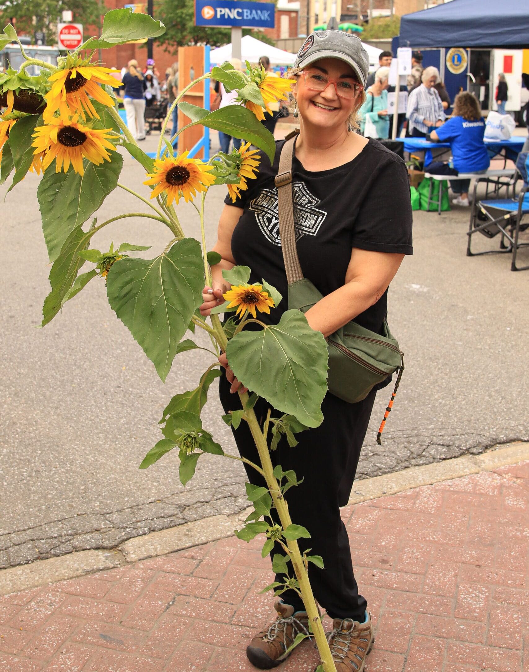 Woman holding tall fresh-cut sunflower stalks on the street during the La Porte Sunflower Fair